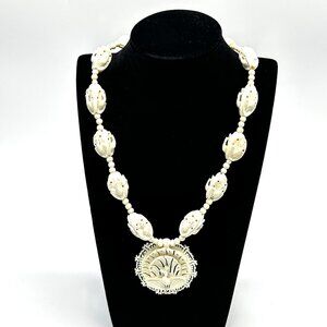 Vintage 1960s-70s Hand Carved Tagua Nut Peacock Necklace /Gemstone Inlay  _ EUC